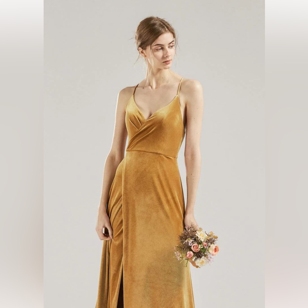RENZRAGS Gold Burnt Yellow Velvet Bridesmaid Dress. Size 2 LONG SLIT DRESS HV946